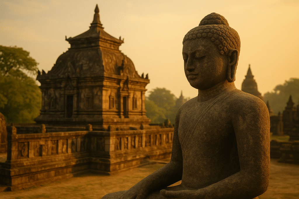 Ancient Buddha statue and stone temple ruins bathed in warm golden sunlight, symbolizing Sri Lanka's rich cultural heritage.